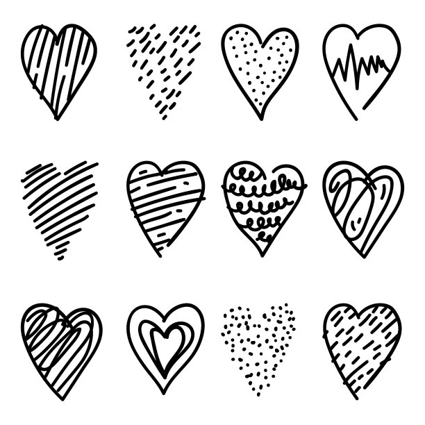 一套独特的手绘涂鸦心形图标图片下载
