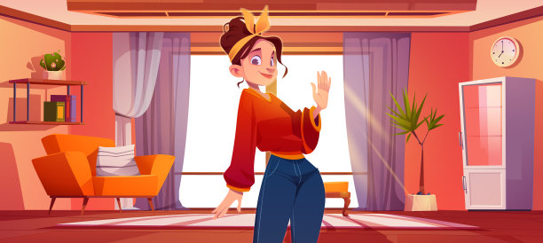 女人在客厅与沙发和书架图片下载