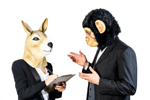 企业家或同事做生意。手里拿着笔和文件，做生意的概念。袋鼠和猴子面具。白色背景隔离图片下载