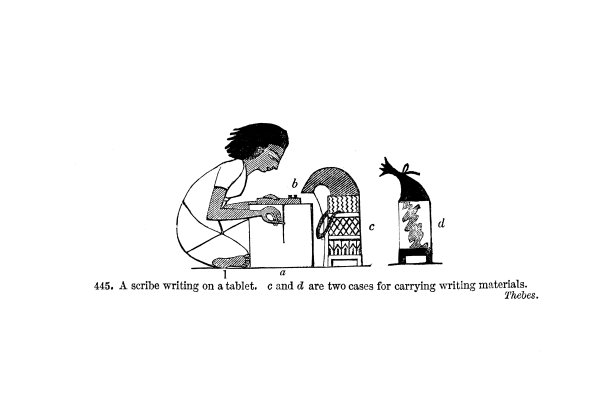 维多利亚时代黑白雕刻;底比斯描绘了一个有两个箱子和书写工具的抄写员;古埃及人的通俗说法1854年图片下载