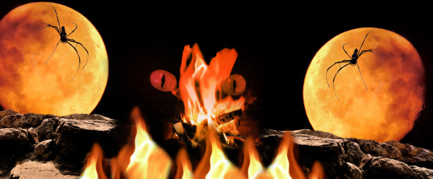 万圣节恐怖背景：火焰、满月、蜘蛛和模糊的猫眼，哥特式黑暗抽象banner图片下载