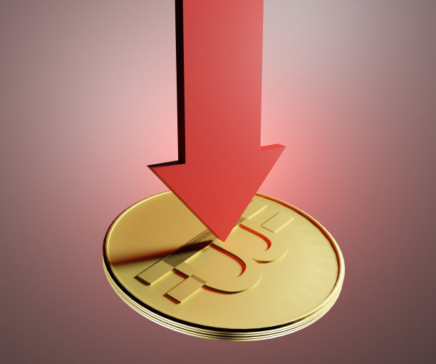 随着加密货币崩溃的继续，比特币下跌，红色箭头图片下载