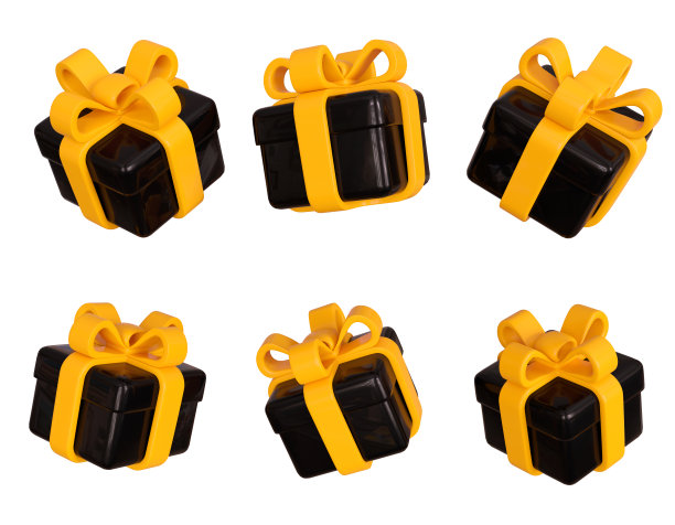 3d飞行礼盒黑色黄色丝带蝴蝶结白色背景。圣诞节，生日，黑色星期五，广告，促销。3 d渲染图图片下载
