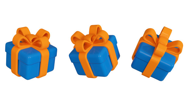 3d飞行礼盒蓝色与橙色丝带蝴蝶结白色背景。圣诞节，生日，广告，促销。3 d渲染图图片下载