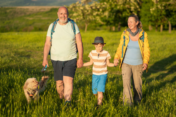 微笑的祖父母喜欢和他们的孙子散步图片下载