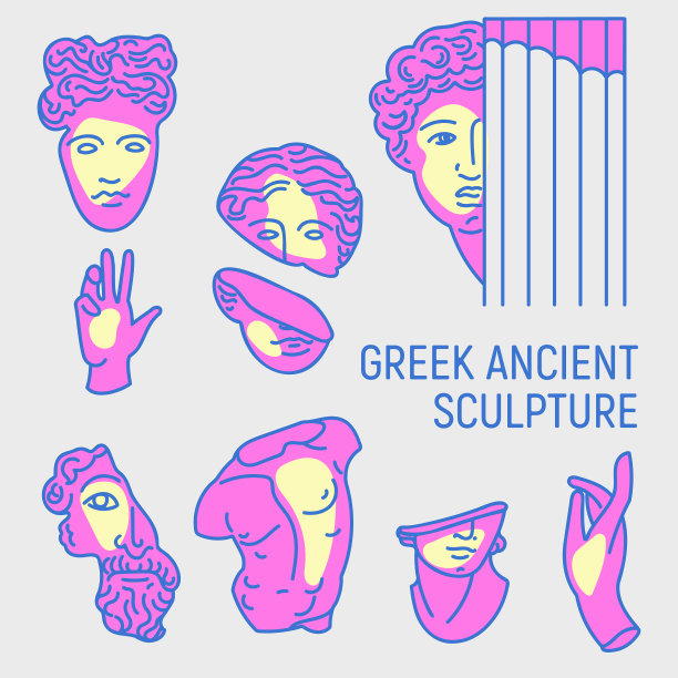 希腊古代雕塑和霓虹灯设定轮廓图片下载