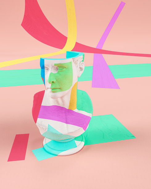 一个人头雕像的创意3D插画概念。彩绘派对的知识就在你的脑子里。图片下载