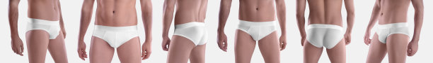 一个男人的白色内裤模型，剃光了的身体上的短内裤，孤立在背景上，前面，后面的观点。集图片下载