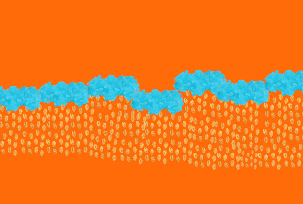 蓝色的云与金色的叶子雨，创意的艺术设计在橙色的背景图片下载