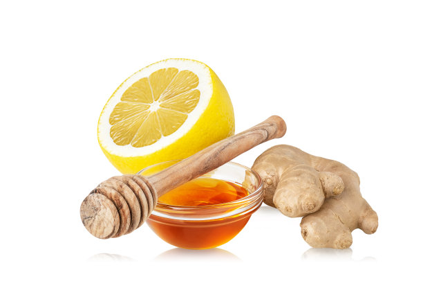 姜，蜂蜜和柠檬分离在白色背景。图片下载