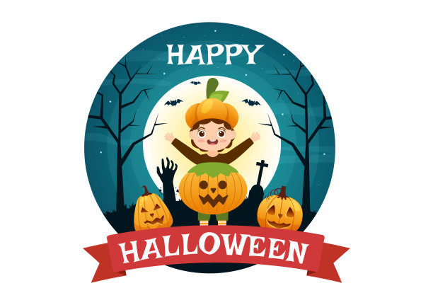 快乐万圣节模板背景手绘卡通平面插图儿童穿着各种服装，鬼屋，南瓜，蝙蝠和满月图片下载