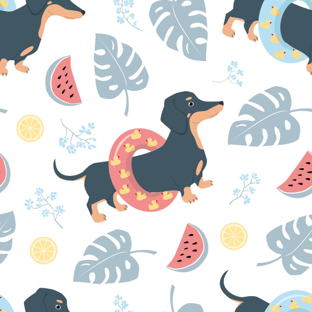 无缝图案的狗达克斯猎犬monstera图片下载