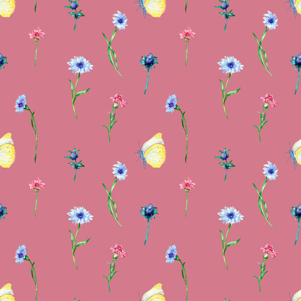 草甸花与蝴蝶水彩无缝图案上的粉红色。图片下载