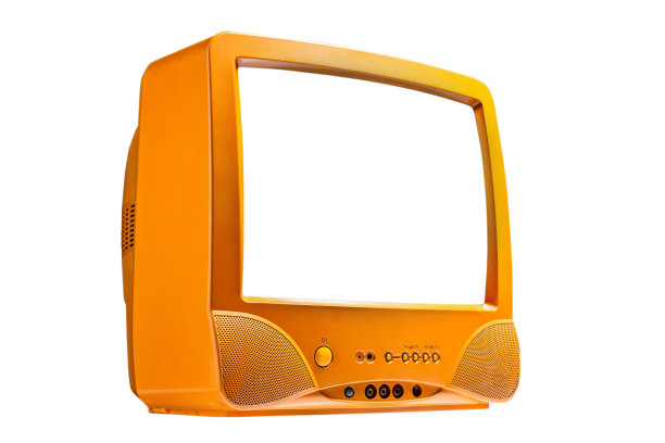 旧橙色电视孤立与切割白色屏幕在白色背景，复古，复古电视风格与剪辑路径图片下载