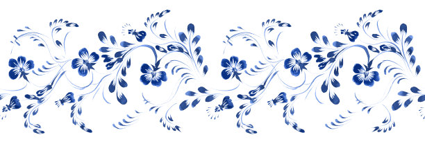 乌克兰民间绘画风格Petrykivka。花卉水彩无缝的边界图案从蓝色长春花和叶子在白色的背景图片下载