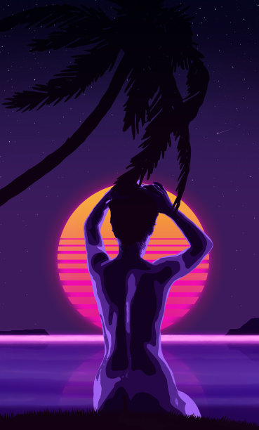 海滩上美妙的日落，棕榈树映衬着星空，还有一个复古风格的坐着的女人的剪影图片下载