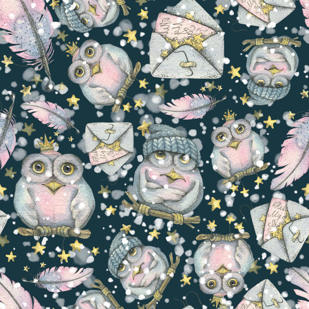 魔法猫头鹰，信件，信封和羽毛。冬季、新年、圣诞节格局。水彩插图。用于织物，纺织品，包装纸，涵盖服装壁纸，儿童网站图片下载