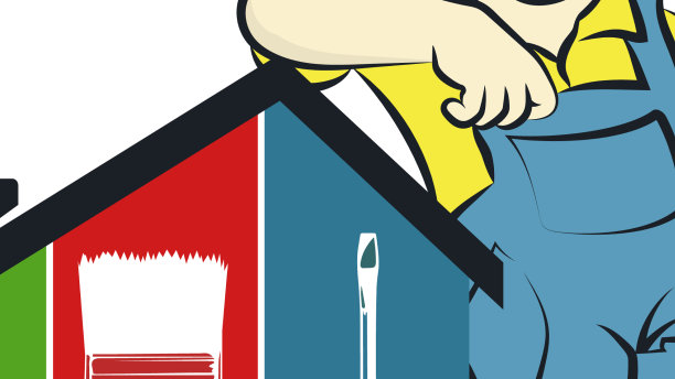 房屋屋顶下的修理工人和工具图片下载