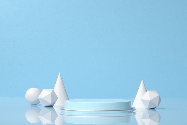 浅蓝色背景的3D渲染虚拟产品展示平台图片下载