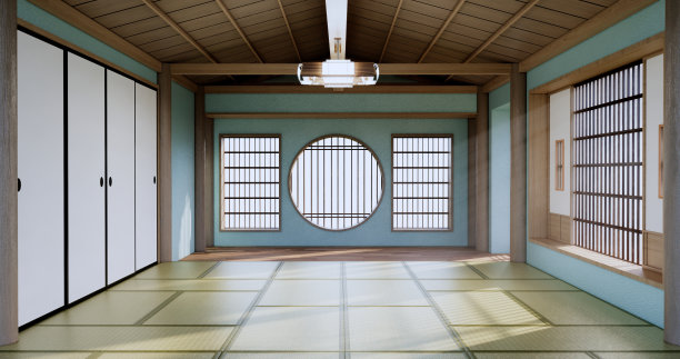 薄荷空大殿，亚洲室内洁净室禅意风格。三维渲染图片下载