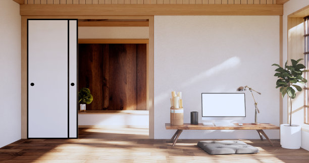 禅房室内木质墙壁上铺着榻榻米垫子，低矮的桌子和扶手椅。三维渲染图片下载