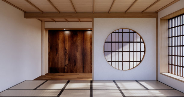 宽敞的生活区，豪华客房或酒店的日式装饰。三维渲染图片下载