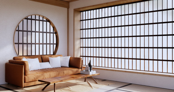 白色沙发日本房间日本热带设计和榻榻米地板。三维渲染图片下载