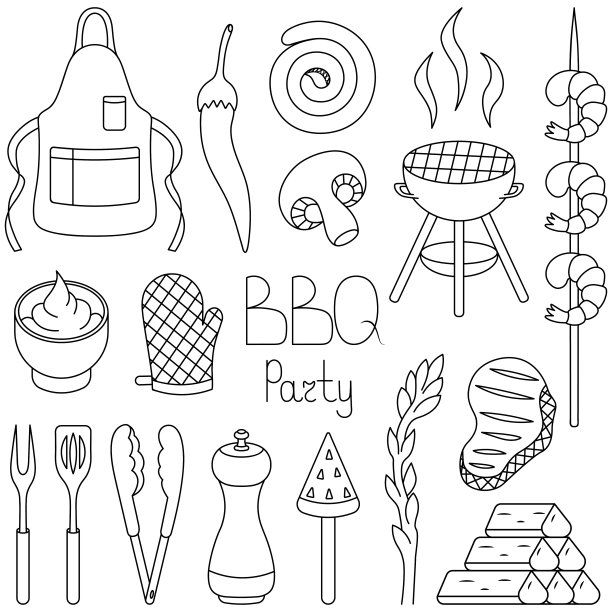 B-B-Q。草图。为户外娱乐的矢量插图的收集。野餐用的东西。火盆，牛排，烤架，西瓜。图片下载