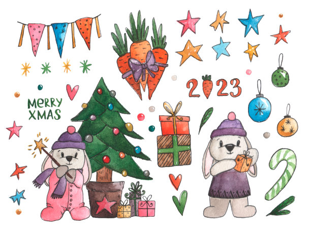 2023年圣诞兔子水彩画套装。图片下载