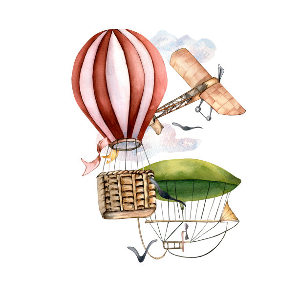 复古热气球水彩插图的组合图片下载