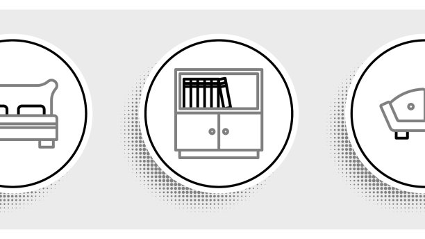 设置线条沙发大床和图书馆书架图标图片下载