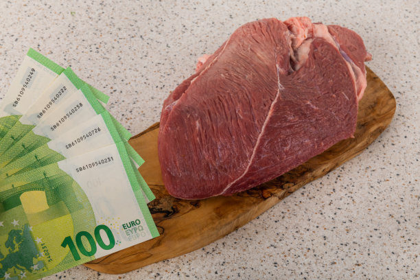 一块生牛肉和欧元钞票图片下载
