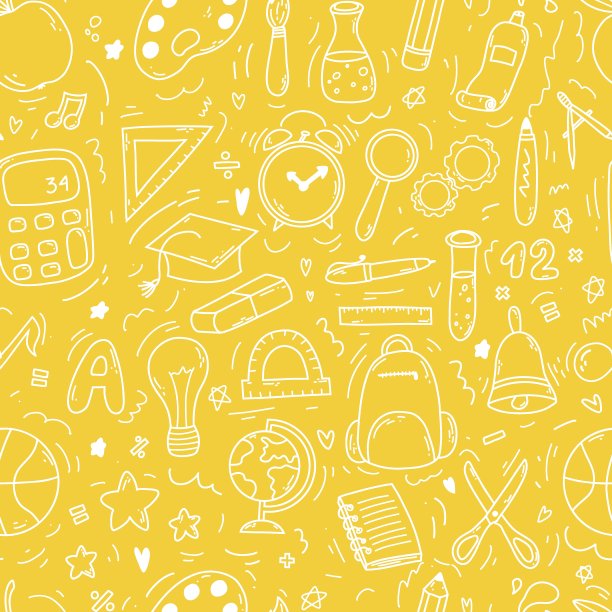 手绘涂鸦无缝图案与学校图标在橙色背景。供应的矢量插图，回到学校的概念为印刷，网和纺织设计，文具。图片下载