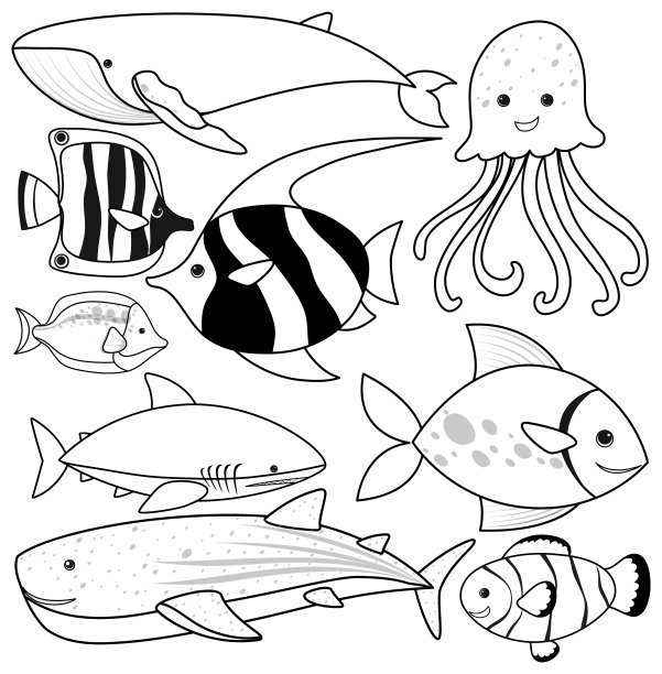 一组关于鱼的白底涂鸦图片下载