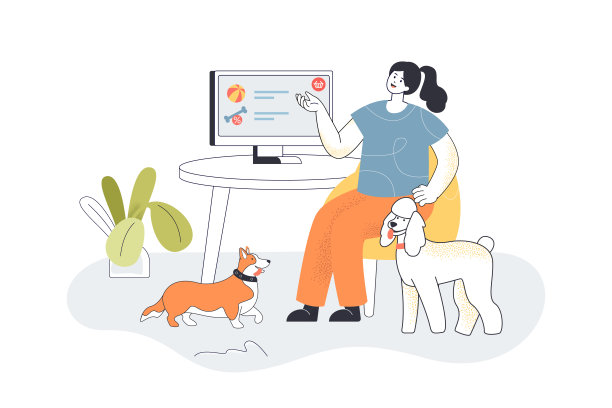 宠物主人在网上商店为自己的狗购买食物和玩具图片下载