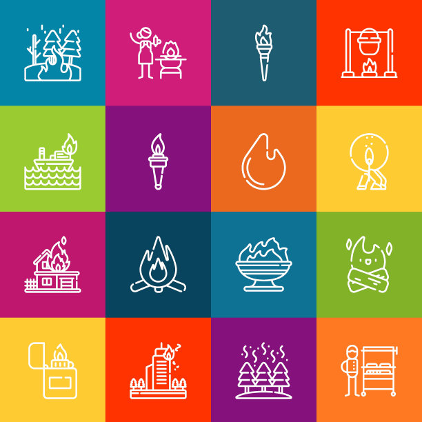 现代细线图标集易燃元素。优质的轮廓符号集合。简单的单线象形文字包。描矢量标志概念的网页图形图片下载