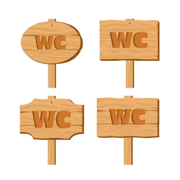 一套木制WC标志矢量插图在卡通风格。用木砖做的粗糙的厕所标志。厕所路标图片下载