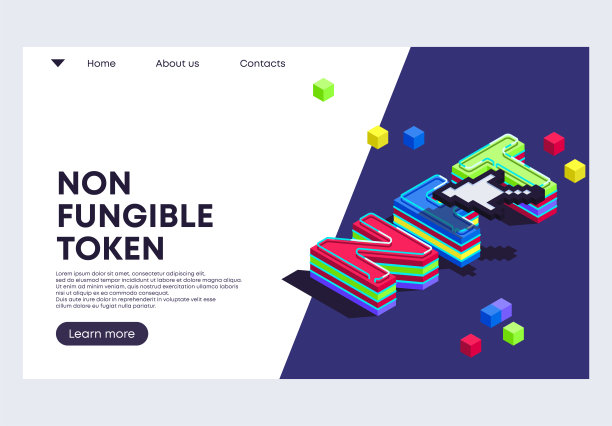 矢量插图的一个网站的字母NFT模板与像素鼠标光标在风格的等距与霓虹灯照明的效果图片下载