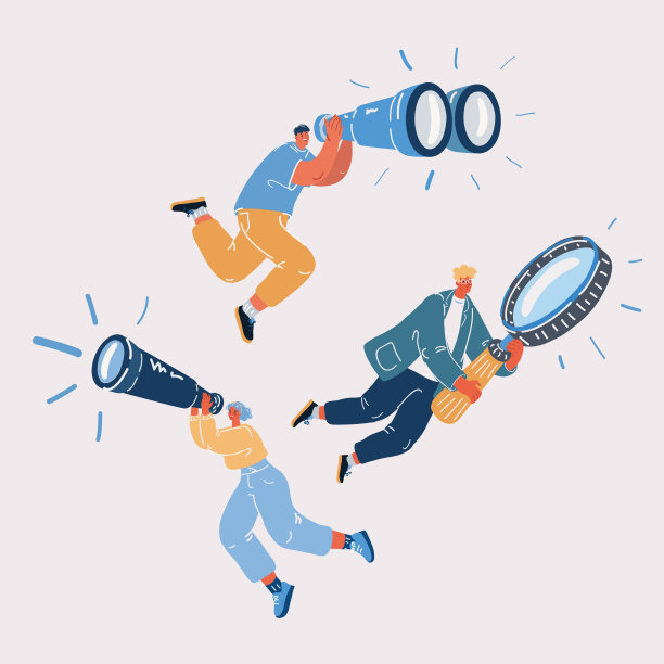 研发理念。年轻的男女同事在飞行，通过望远镜，双筒望远镜和放大镜观察图片下载