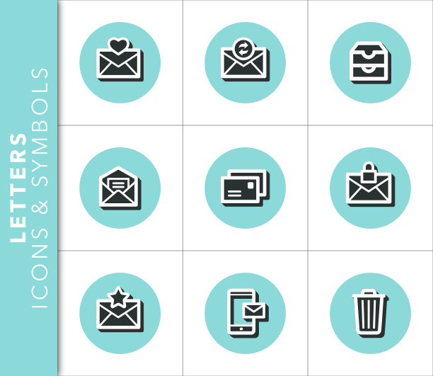 图标和符号设置相关的字母和电子邮件与阴影的蓝色背景。图片下载
