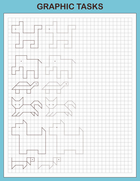 图形听写。学前儿童的教育游戏。练习逻辑和运动技能的练习册。游戏对孩子们。使用不同对象和元素的图形任务。矢量图图片下载
