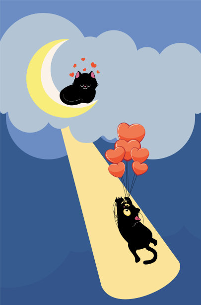 黑猫在气球上飞到月亮上的猫图片下载