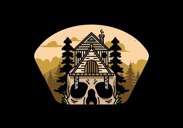 木制房子与头骨基础插图图片下载