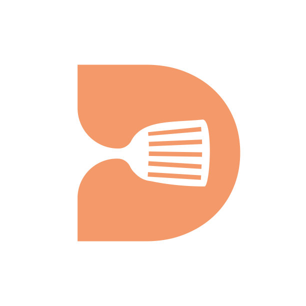 字母D厨房铲标志。厨房标志与厨房锅铲相结合的餐厅标志设计图片下载