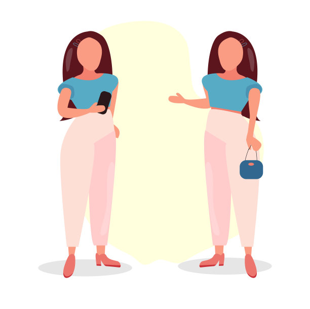 深色头发的女孩穿着粉红色的裤子和蓝色的上衣，摆出不同的姿势图片下载