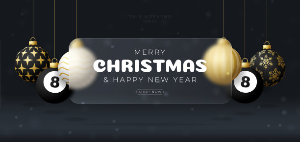 台球圣诞销售横幅或贺卡。新年快乐和圣诞快乐运动横幅玻璃形态，玻璃形态或玻璃形态模糊效果。现实的矢量图图片下载