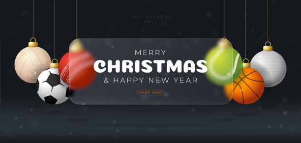 体育圣诞销售横幅或贺卡。新年快乐和圣诞快乐运动横幅玻璃形态，玻璃形态或玻璃形态模糊效果。现实的矢量图图片下载