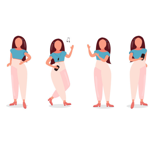 深色头发的女孩穿着粉红色的裤子和蓝色的上衣，摆出不同的姿势图片下载