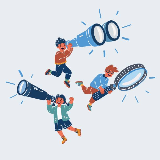 矢量插图的孩子用双筒望远镜，望远镜，放大镜图片下载