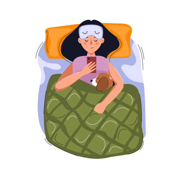 女孩和狗在床上。女人睡不着，就看手机。睡眠呼吸暂停，打鼾，健康睡眠概念。矢量平面插图。图片下载